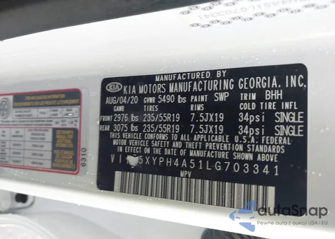 2020 Kia Sorento 3.3L Ex z USA, uszkodzony, nr VIN 5XYPH4A51LG703341